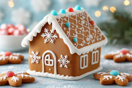 Gingerbread house with icing and candies, surrounded by star-shaped cookies, creating a festive Christmas sceneの素材