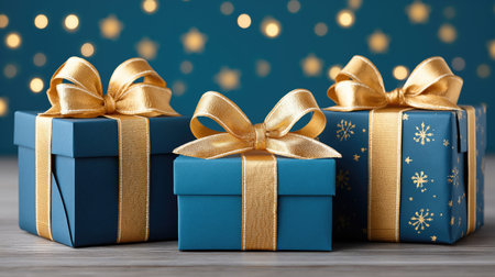 Elegant Christmas presents wrapped in blue paper with golden bows and ribbons on a wooden surfaceの素材