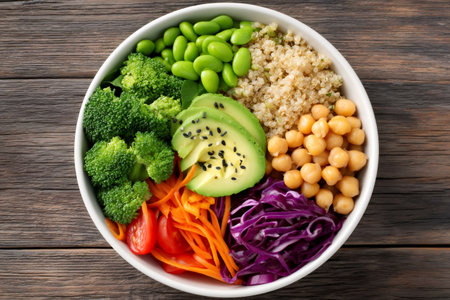 Healthy vegan lunch containing quinoa, chickpeas, avocado, edamame, broccoli, spinach, carrots, tomatoes and red cabbageの素材