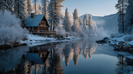 Charming wooden cabin reflecting on a serene frozen lake, surrounded by snow covered trees and mountains, creating a picturesque winter wonderlandの素材