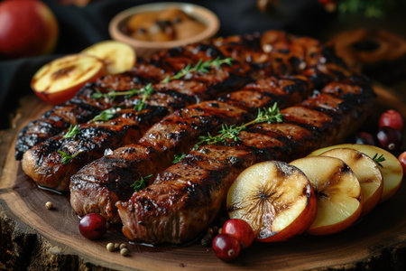 Delicious grilled skirt steak seasoned with thyme and served with roasted apple slices on a rustic wooden boardの素材