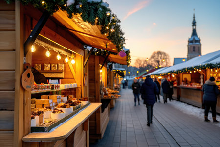 People walking through a traditional Christmas market at twilight, browsing wooden stalls selling festive food, gifts and decorationsの素材