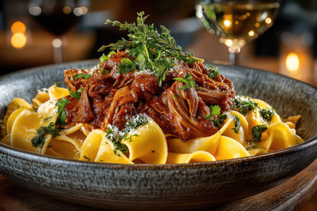 Pappardelle pasta topped with braised beef, herbs, and grated cheese, creating a delicious and elegant mealの素材