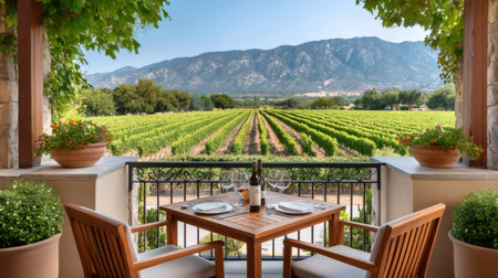 Wine tasting on a balcony overlooking a beautiful vineyard landscape with mountains in the backgroundの素材