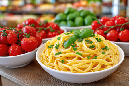 Close up of linguine pasta with basil and parsley near bowls of cherry tomatoes and basil leaves on a wooden table in a supermarketの素材