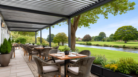 Scenic view of a restaurant patio with set tables and chairs, offering a peaceful dining experience by a tranquil river and lush green parkの素材