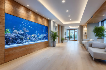 Captivating built in aquarium enhances a contemporary hallway, showcasing a vibrant coral reef ecosystemの素材