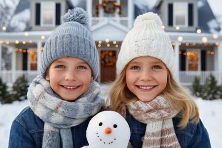 Two happy children holding a small snowman, smiling in front of their decorated house during winter holidaysの素材