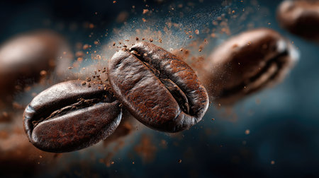 Roasted coffee beans exploding with ground coffee, creating a dynamic and aromatic sceneの素材