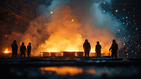 Steelworkers are controlling molten metal flow in a steel plant at night, creating a dramatic and industrial sceneの素材