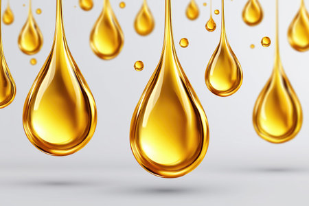 Golden oil drops dripping against a light gray background, creating a visually appealing abstract designの素材