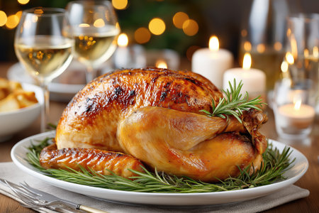 Rosemary garnished roasted turkey is the centerpiece of a festive dinner table, creating a warm and inviting atmosphereの素材