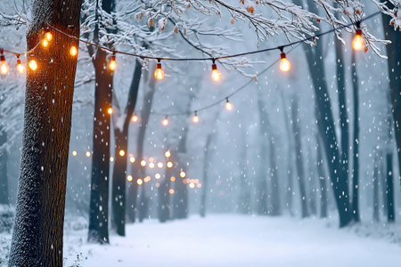 Snow is gently falling in a winter park illuminated by warm string lights, creating a magical and enchanting atmosphereの素材