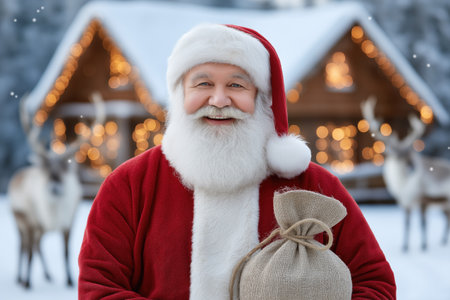Santa claus smiling and holding a christmas sack full of gifts in a snowy village with reindeer and wooden houses with christmas lightsの素材