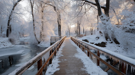 Snow covered wooden footbridge with icicles crossing a frozen river in a beautiful winter forest at sunriseの素材
