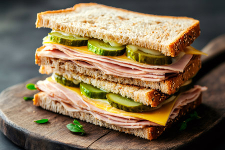 Indulgent club sandwich featuring layers of savory ham, tangy pickles, melted cheese, and toasted whole wheat bread, resting on a rustic wooden cutting boardの素材