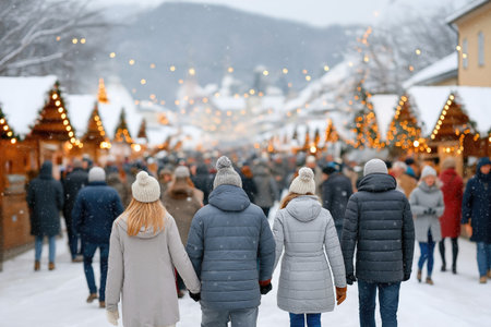 Family enjoying snowy Christmas market in mountain town, holding hands and walking through the festive stallsの素材