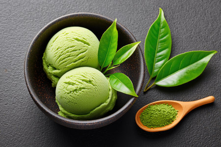 Two scoops of matcha green tea ice cream decorated with fresh tea leaves in a brown bowl on a dark background, with matcha powder in a wooden spoonの素材