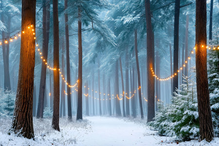 Warm Christmas lights create a magical atmosphere along a snowy path winding through a misty winter forestの素材