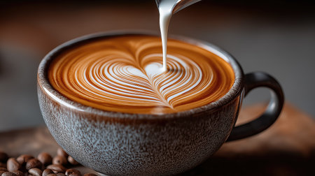 Barista making latte art with milk in a coffee cup, creating a heart shapeの素材