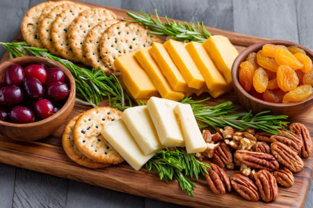 Delicious charcuterie board offering a variety of cheeses, crackers, nuts, dried fruits, and fresh cranberriesの素材