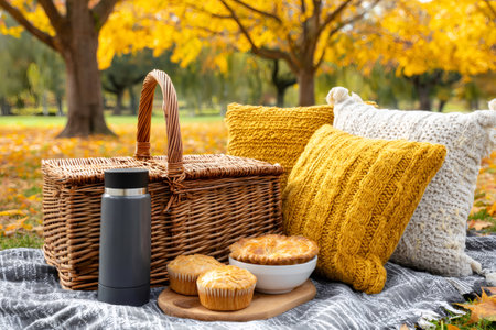 Enjoying a relaxing autumn picnic with a wicker basket, warm food, and comfortable knitted cushions amidst golden foliage in a serene parkの素材