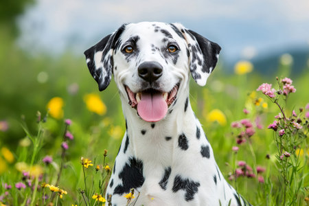 Portrait of a happy Dalmatian dog smiling in a field of colorful wildflowersの素材