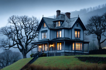 Old victorian house stands on a hill, illuminated at twilight, creating a mysterious and captivating sceneの素材