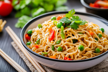 Steaming hot instant noodles garnished with fresh coriander leaves, peas, carrots, and bell peppersの素材