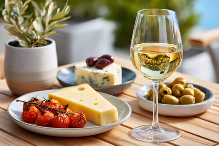 Glass of chilled white wine is paired with a selection of cheese, olives, and roasted cherry tomatoes, creating an inviting appetizer spread on a wooden tableの素材