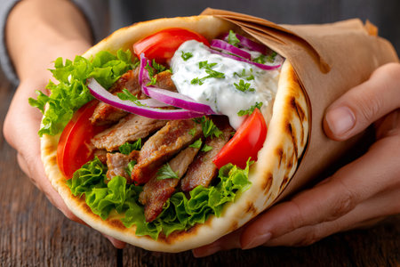 Chef holding delicious pita gyros with beef, tomatoes, red onions, and tzatziki sauceの素材