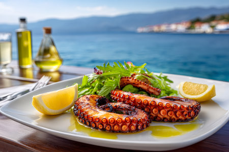 Grilled octopus with lemon and arugula salad served on a seaside restaurant tableの素材