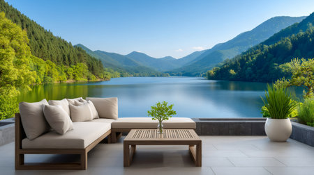 Comfortable outdoor sofa and coffee table enjoying a stunning lake view surrounded by mountains and forestの素材