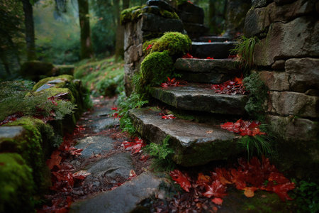Wet stone steps covered with vibrant red leaves create a magical pathway through a lush green forestの素材