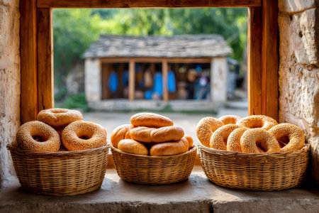 Wicker baskets brimming with various types of freshly baked bread sit on a windowsill, with a blurred view of a traditional bakery in the backgroundの素材