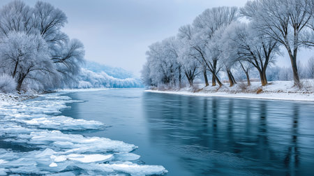 Ice floes floating on a river flowing through a snowy winter landscapeの素材