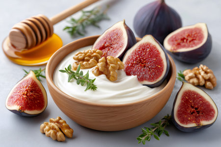 Healthy breakfast with Greek yogurt, fresh figs, walnuts, honey and thyme on gray backgroundの素材