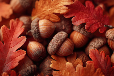 Fallen acorns and colorful oak leaves create a beautiful autumn still lifeの素材