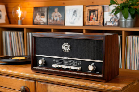 Classic wooden radio playing music, with vinyl records and framed photos in the background, creating a nostalgic atmosphereの素材