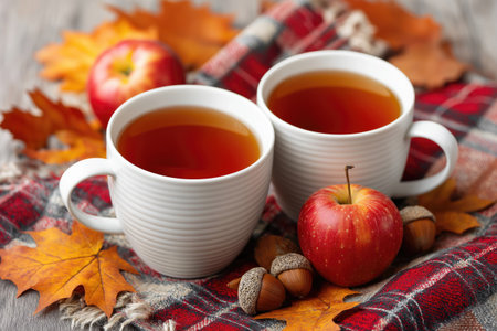 Two steaming mugs of tea sit on a warm plaid blanket amidst fall leaves, apples, and acorns, creating a cozy autumn sceneの素材
