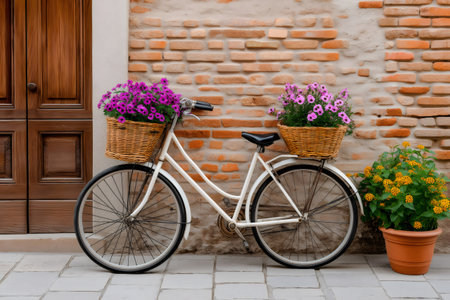 White vintage bicycle with wicker baskets full of purple petunias leaning against a brick wall of a house, next to a wooden door and a potted plant with yellow flowersの素材