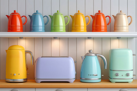 Retro kitchen appliances in pastel colors creating a stylish and nostalgic atmosphereの素材