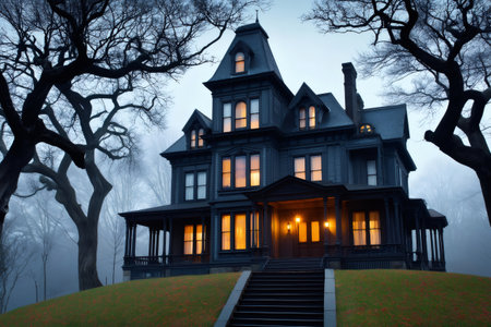 Creepy victorian haunted house with glowing windows illuminating the misty night, creating a spooky and mysterious atmosphereの素材
