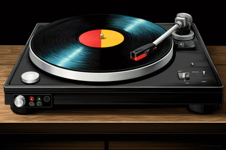 Black record player playing a colorful vinyl record on a wooden surfaceの素材
