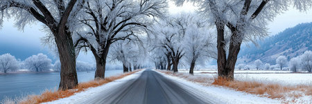 Winter road bordered by frozen trees and a river flowing alongside, creating a serene winter landscapeの素材