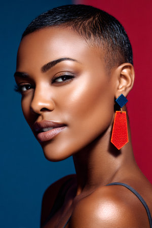 Studio beauty portrait of young black woman with buzz cut hairstyle and colorful earrings posing on blue and red backgroundの素材