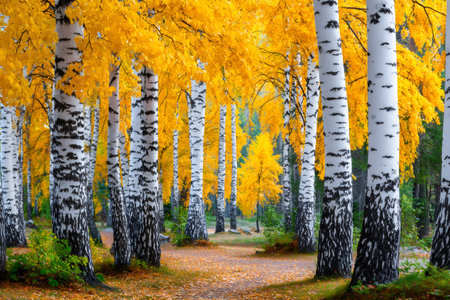 Scenic pathway meandering through a vibrant birch forest adorned with golden autumn foliageの素材