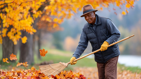 Elderly gardener raking fallen leaves in a beautiful park during the autumn seasonの素材