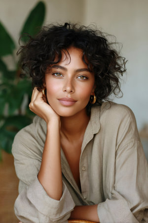 Portrait of a beautiful young woman with curly hair and golden earrings, resting her chin on her handの素材
