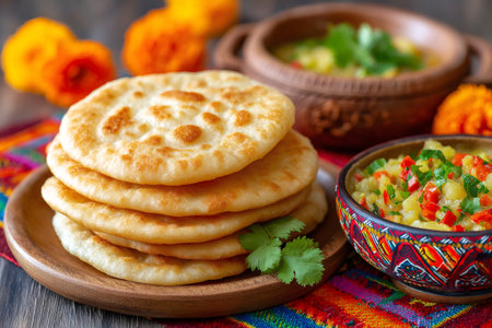 Bhatura puri, a delicious deep fried flatbread, served with a flavorful potato and vegetable curry, garnished with fresh coriander, a popular dish in Indian cuisineの素材